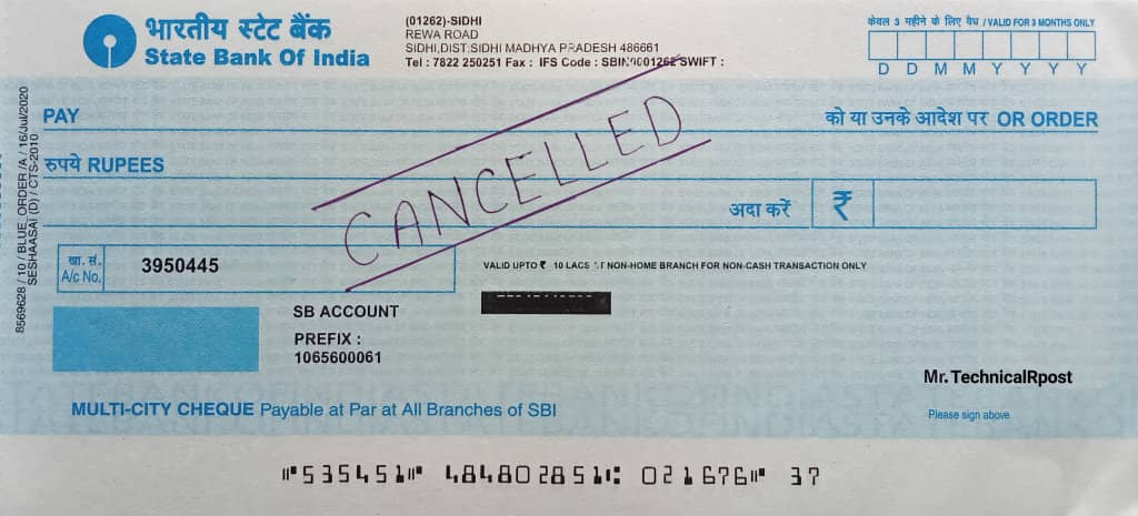 Cancelled cheque meaning in hindi